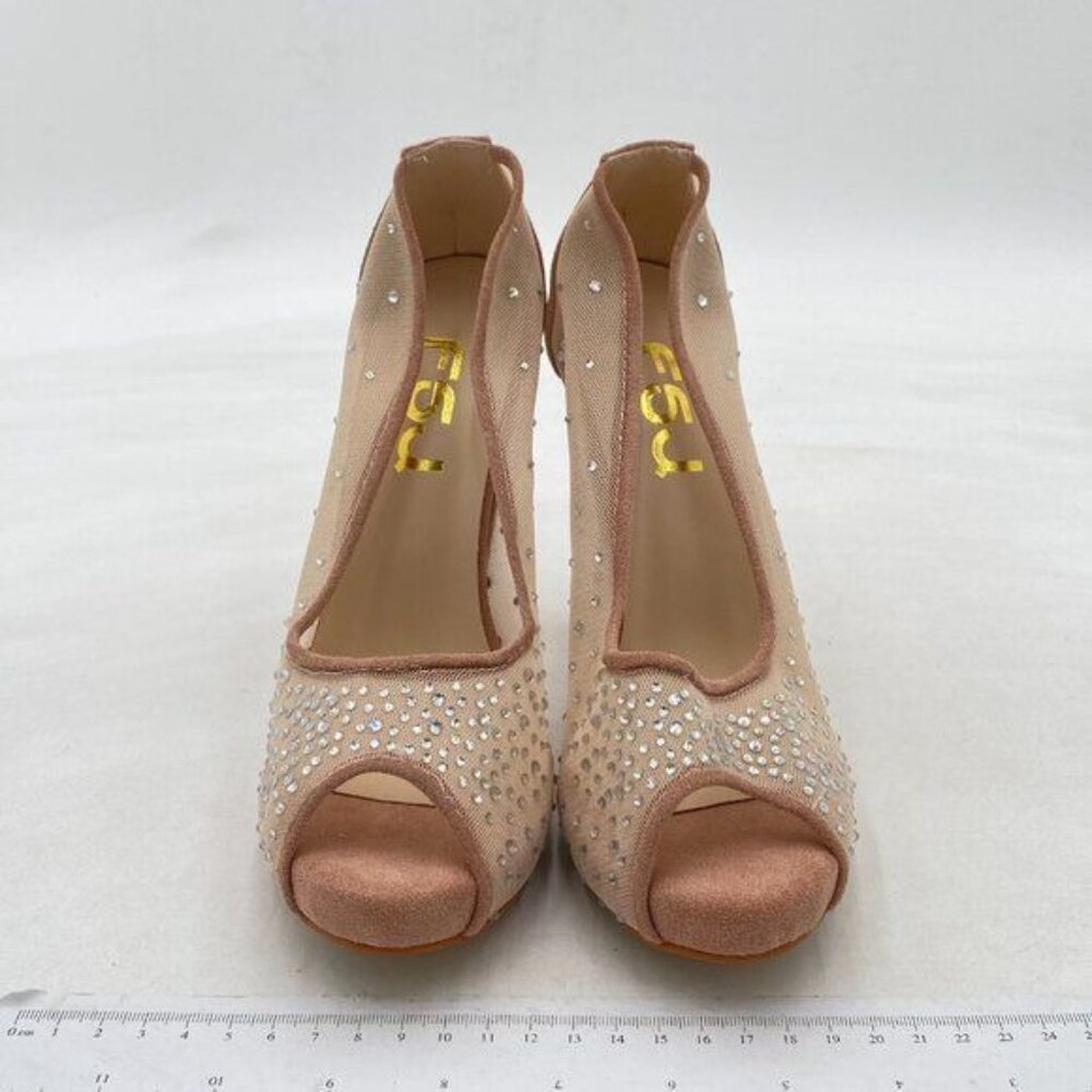 FSJ Nude Peep Toe Pumps Mesh Rhinestones Stiletto High Heels Slip On Shoes - Picture 3 of 8